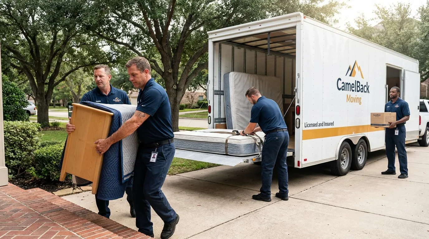Crew loading residential truck for cross-state move from Pilot Point, TX