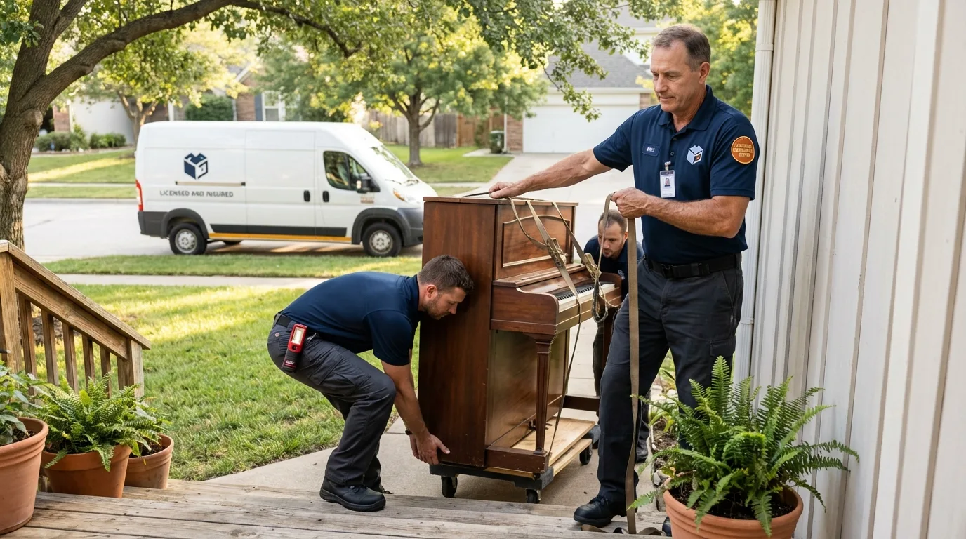 Licensed piano movers securing grand piano in Pilot Point, TX