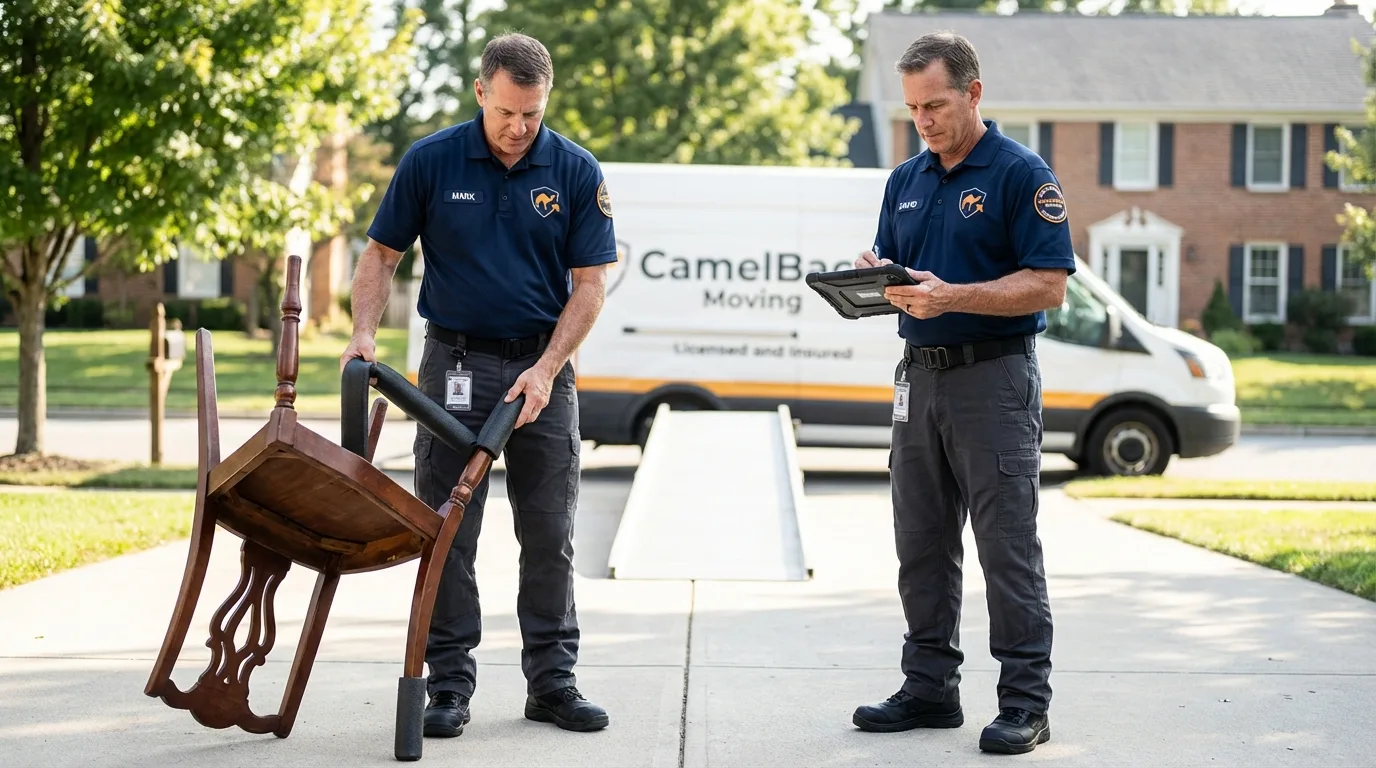 Movers inspecting furniture for damage prevention before loading in Pilot Point, TX